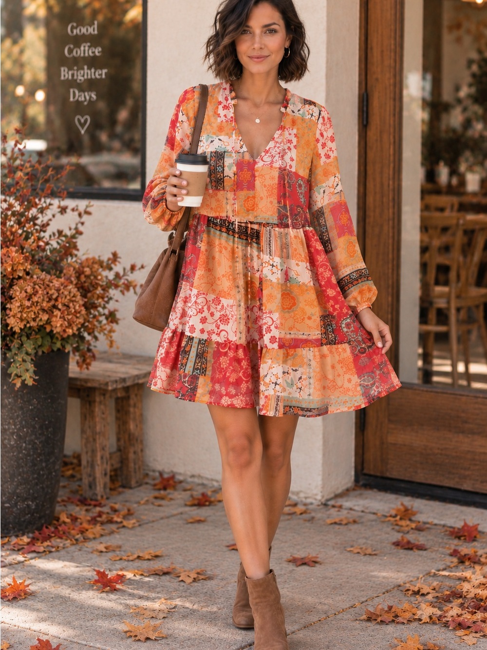 Lucky Brand Patchwork V-Neck Mini Dress